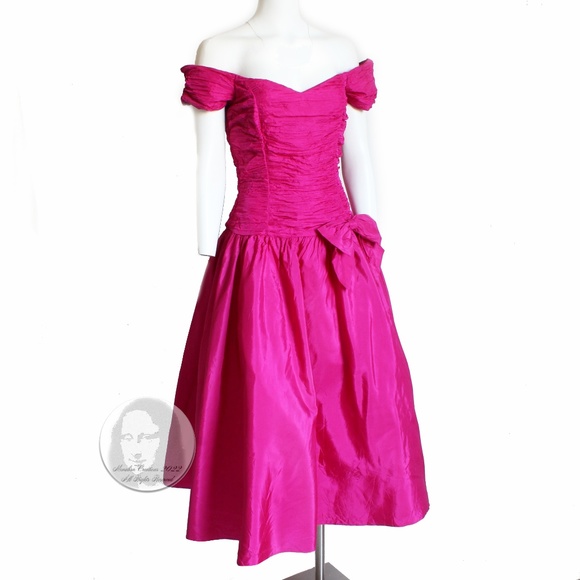 Vintage Party Dress Fuchsia Pink Satin Pleated Bodice Off Shoulder Flare Skirt - Picture 1 of 12